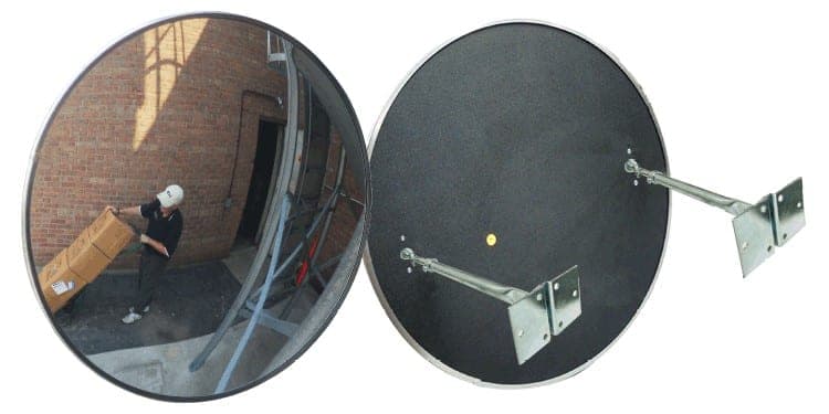 Double telescoping bracket supporting a convex mirror on a post